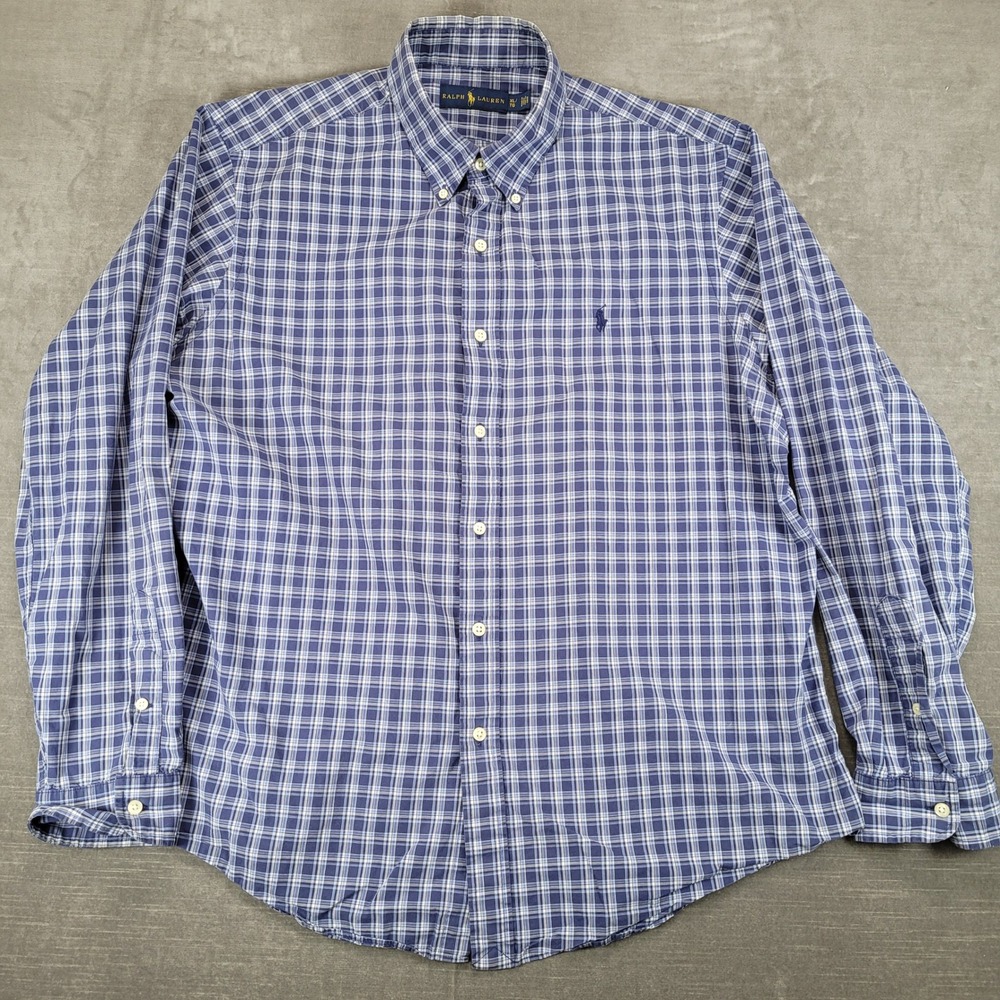 Ralph Lauren Y2K Mens XL Plaid Button Down Shirt Blue White Long Sleeve